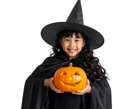 Child in Witch Costume Holding Pumpkin, Front View, Isolated Transparent Background PNG