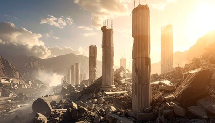 Ruined ancient columns in a sunlit landscape