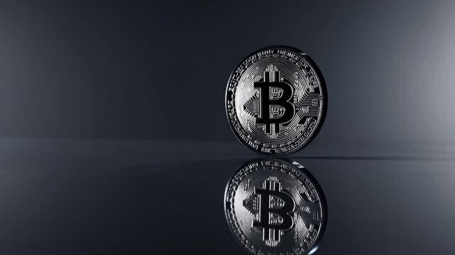 silver bitcoin coin reflecting on surface, high-contrast studio lighting, mirrored floor, slow rotation and subtle wobble, sleek minimal background, futuristic finance mood, detailed metallic texture,