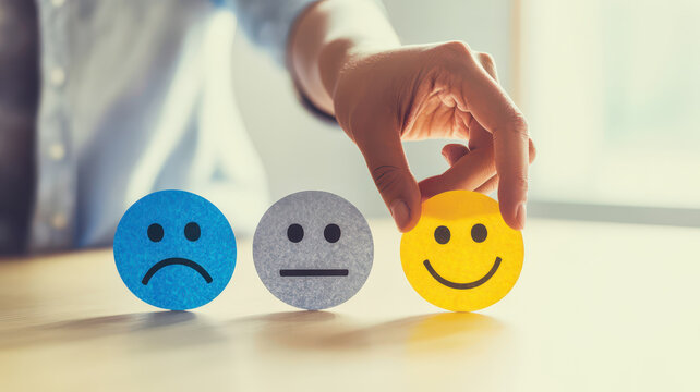 Hand selecting happy face emoji from set of emoticons, representing emotions and feedback. scene conveys positivity and choice