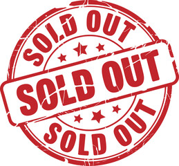 Red sold out stamp with stars on a white background