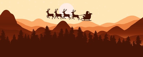 santa's silhouette flight over a mountainous winter landscape with pine trees and a full moon