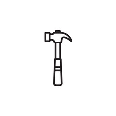 A simple black and white line drawing of a claw hammer isolated on a, representing a tool for construction and repair