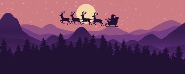 santa's silhouette flight over a winter forest landscape at dusk