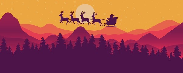 santa's sleigh flying over a winter forest at sunset on christmas eve