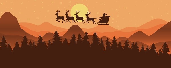 santa's silhouette sleigh ride over a forested mountain range at sunset