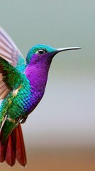 Naklejka premium Iridescent hummingbird in vibrant display near blooming flowers