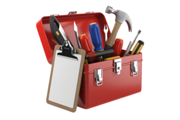 Red toolbox filled with assorted tools, ready for your next project, accompanied by a handy clipboard for notes or plans, offering endless possibilities