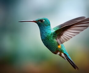 Naklejka premium Iridescent hummingbird hovering in a colorful forest during early morning light
