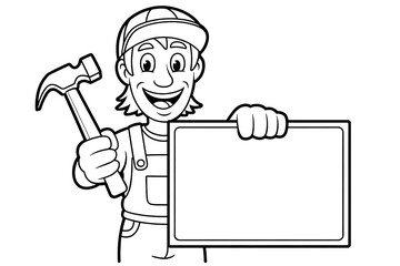 Friendly handyman with hammer ready to post your message, perfect for construction, home repair, or contractor advertising with copy space to promote business