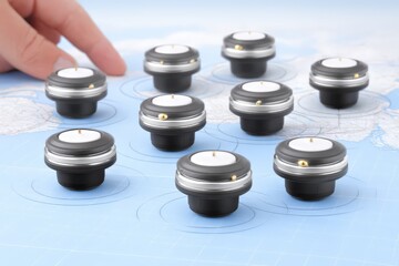 Precision navigation devices positioned strategically on a world map analyzing geographical data for improved logistical coordination and operational efficiency