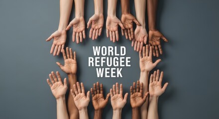 World Refugee Week text with diverse hands in a circle