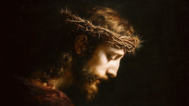Portrait of the Jesus with a crown of thorns, showcasing deep emotion and contemplation, illuminated by soft light, emphasizing the spiritual and historical significance of the moment