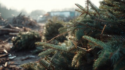 Evergreen branches of freshly cut Christmas trees are piled in a recycling yard, showcasing the natural beauty and texture of the foliage in a serene outdoor environment