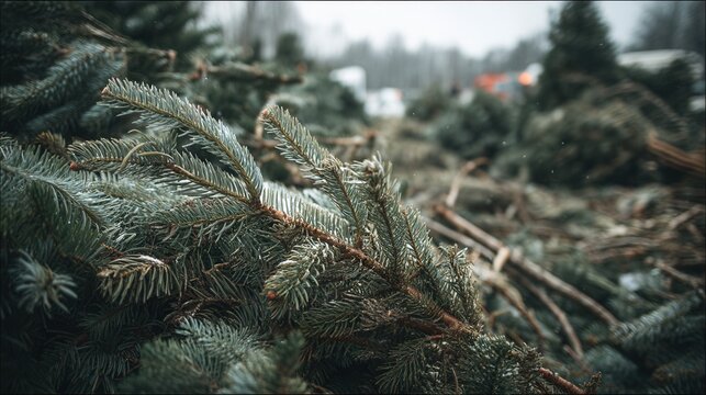 Evergreen branches covered in frost are scattered across a forest floor, creating a serene winter landscape with a blurred background of trees and soft natural light