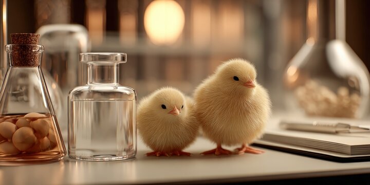 Fluffy chicks exploring a bio research lab during daylight hours