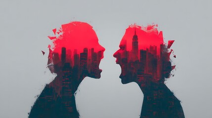 Two silhouettes in profile, shouting at each other, with a fragmented cityscape and a red background, symbolizing conflict and urban life.