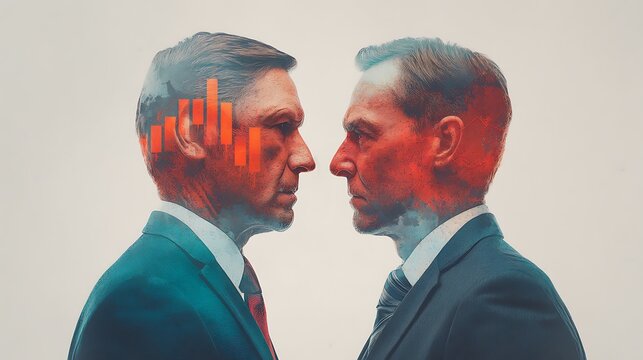 Two men in suits face each other, with abstract financial graphs overlaying their profiles, symbolizing competition or conflict in a corporate setting.