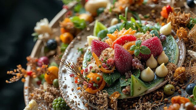 Close up of silver platters decorated with various colorful fruit.