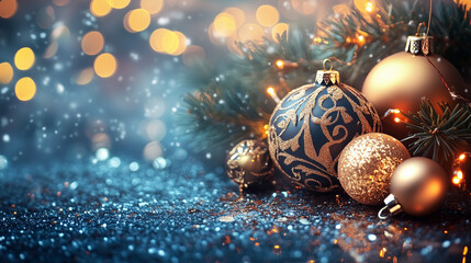 Christmas decorations with golden ornaments and twinkling lights on a snowy background
