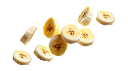Flying delicious banana slices cut out isolated on a white background
