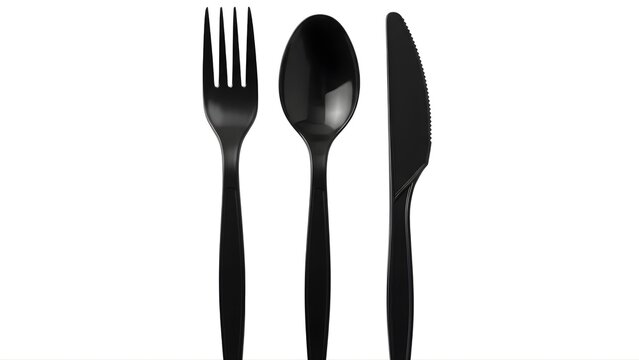 Black plastic cutlery set fork spoon knife disposable tableware kitchenware utensils isolated on white 100 on transparent background