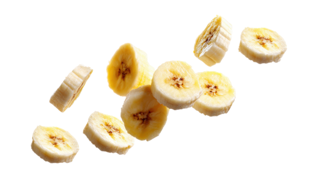 Flying delicious banana slices cut out isolated on a white background