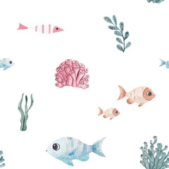 Seamless watercolor marine pattern with colorful fish, coral, and seaweed on white background. Perfect for kids textiles, wallpapers, wrapping paper, and summer designs. Hand drawn
