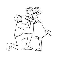 Couple in love in continuous line art drawing style. Loving man and woman standing facing each The guy makes a marriage proposal to his girlfriend