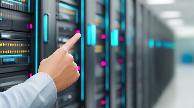 Pointing finger ready to optimize server configuration in a modern data center with illuminated network infrastructure highlighting the essence of digital connectivity and advanced technology