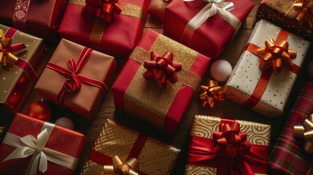 Colorful assortment of beautifully wrapped gift boxes in various sizes and designs, adorned with ribbons and bows, creating a festive atmosphere for celebrations and special occasions