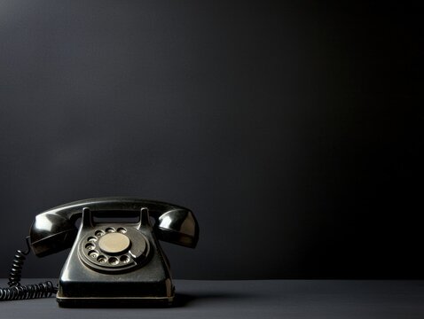Vintage black rotary dial phone resting on shadowy surface, highlighting classic communication design with minimalist aesthetic and nostalgic technological appeal