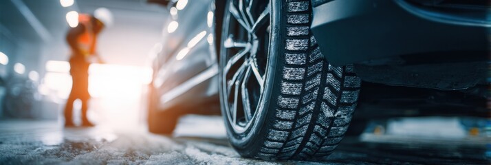 Worker Installs Snow Tires in Garage, Capturing Motion and Precision in a Busy Winter Scene