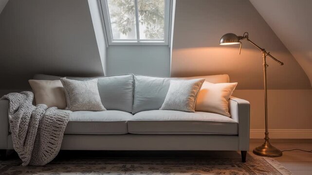 Cozy attic interior featuring a gray sofa, pillows, throw, floor lamp, and a skylight window