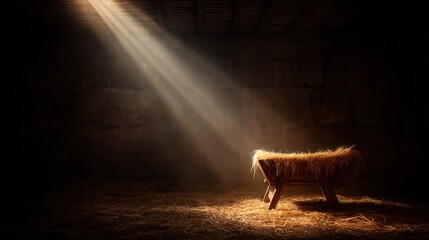 The Birth of Jesus manger filled with straw illuminated by soft rays of light in a dark rustic setting, creating a serene and peaceful atmosphere for holiday reflections