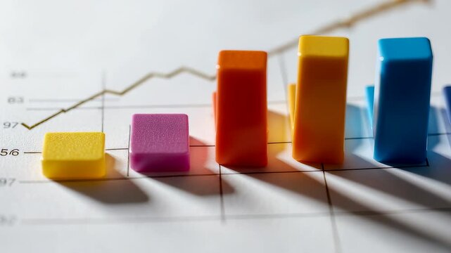 Colorful 3D bar blocks arranged on a financial chart with rising trend lines casting strong shadows and creating a vibrant analytical business scene