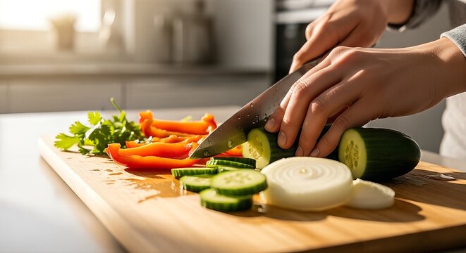 Close-up of female hands cutting fresh cucumber slices with a knife on a wooden cutting board. Other vegetables like bell peppers and onion are ready. Bright kitchen setting with natural sunlight.