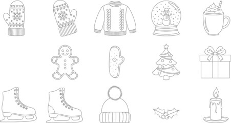 Winter holiday icons mittens, sweater, snow globe, hot chocolate, gingerbread man, candy cane, christmas tree, gift, skates, hat, candle