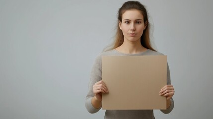 Young woman holding a blank paper with a serious expression on a gray background