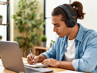 Focused male student listening music while learning online at home