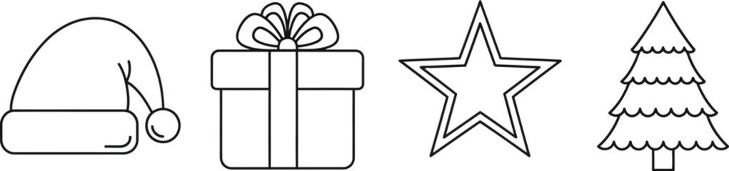 Fototapeta premium Festive christmas elements featuring a santa hat, gift box, star, and christmas tree in a simple outline style