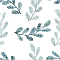 Watercolor seamless pattern with green branch on white background. Delicate botanical illustration, perfect for fabric, wallpaper, wrapping paper, and natural design projects.
