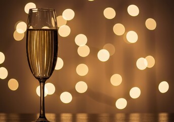 Elegant champagne flute filled with bubbly wine against a magical backdrop of shimmering, unfocused holiday lights ,alcohol, celebration, liquid