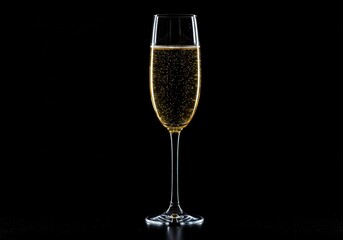 Elegant crystal flute filled with sparkling beverage against a deep, dark black backdrop. High contrast luxury and celebratory drink image ,glass ,background ,flute