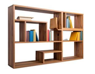 Modern Wooden Bookshelf with Colorful Books and Open Spaces, Angled View, Isolated Transparent Background PNG