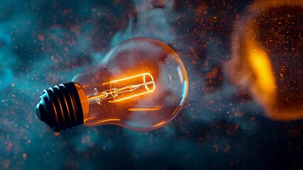 Glowing light bulb floating in swirling smoky atmosphere with warm amber filament and dramatic lighting creating a vivid energy and creativity concept