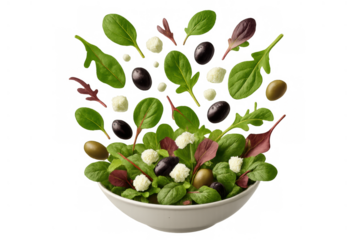 Fresh garden salad ingredients with baby spinach, arugula, mozzarella balls, and olives falling into a white bowl