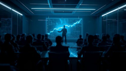 Business presenter explaining a rising financial chart to an audience in a dark conference room with glowing blue analytics creating a powerful corporate scene - Powered by Adobe