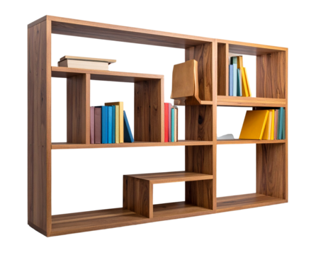 Modern Wooden Bookshelf with Colorful Books and Open Spaces, Angled View, Isolated Transparent Background PNG - Powered by Adobe