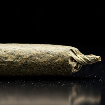 Extreme close up view of a tightly rolled cannabis joint showing the dried plant matter used for smoking recreational or medicinal products ,flower ,dried ,ignition